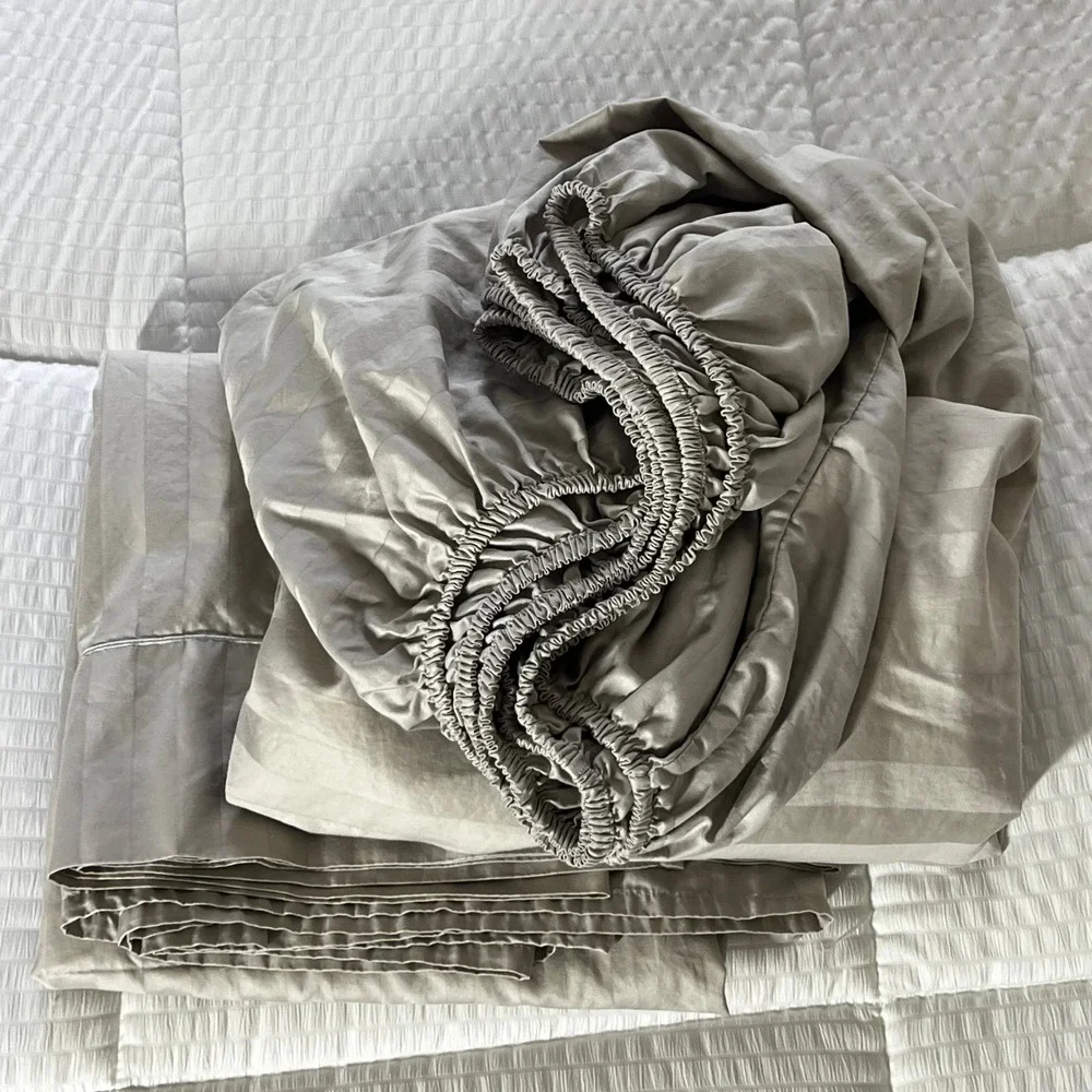 Wamsutta Queen Sheet 2-Piece Gray 100% Pima Cotton Damask Stripe 500TC Luxury